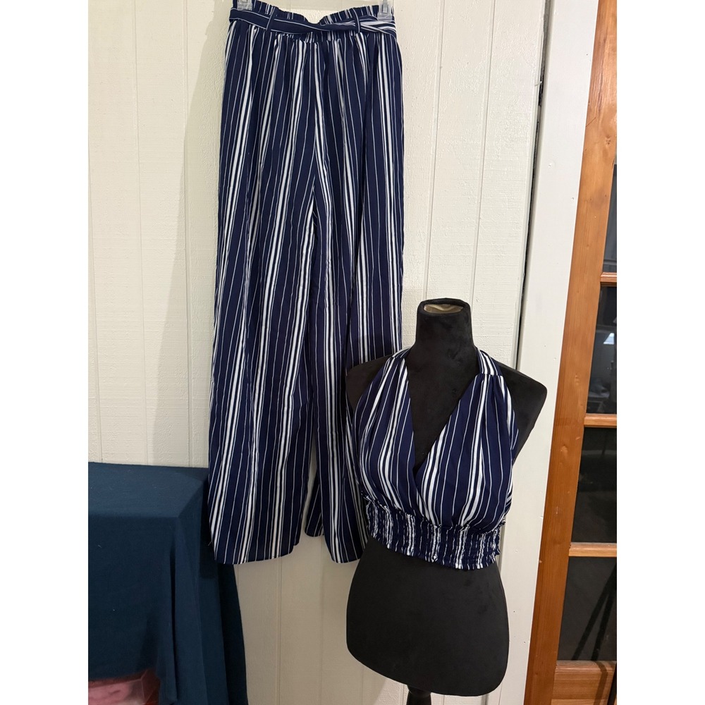 Favlux Fashion Navy White Striped 2 Piece Set Halter Crop Top Wide Leg Pants L